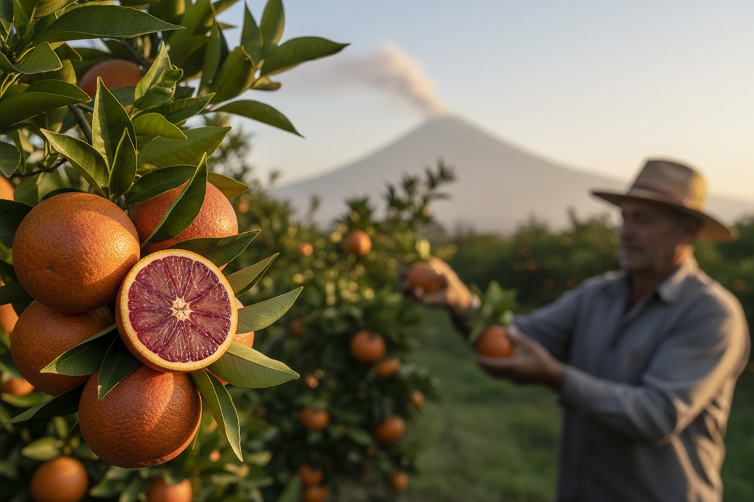 Arance siciliane Tarocco fresche raccolte dal produttore con Etna sullo sfondo - filiera corta dal campo alla tavola AranciaZip