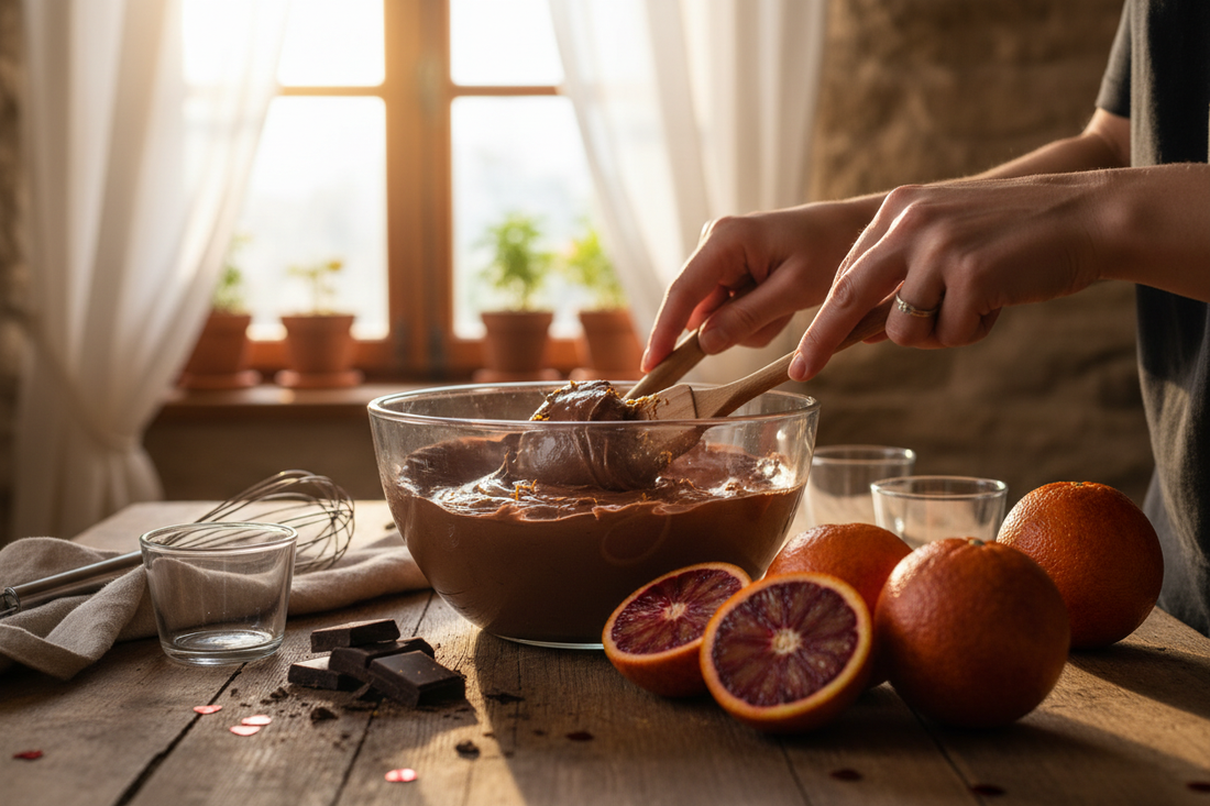 Donna che prepara mousse al cioccolato con arance rosse siciliane AranciaZip in cucina casalinga per San Valentino