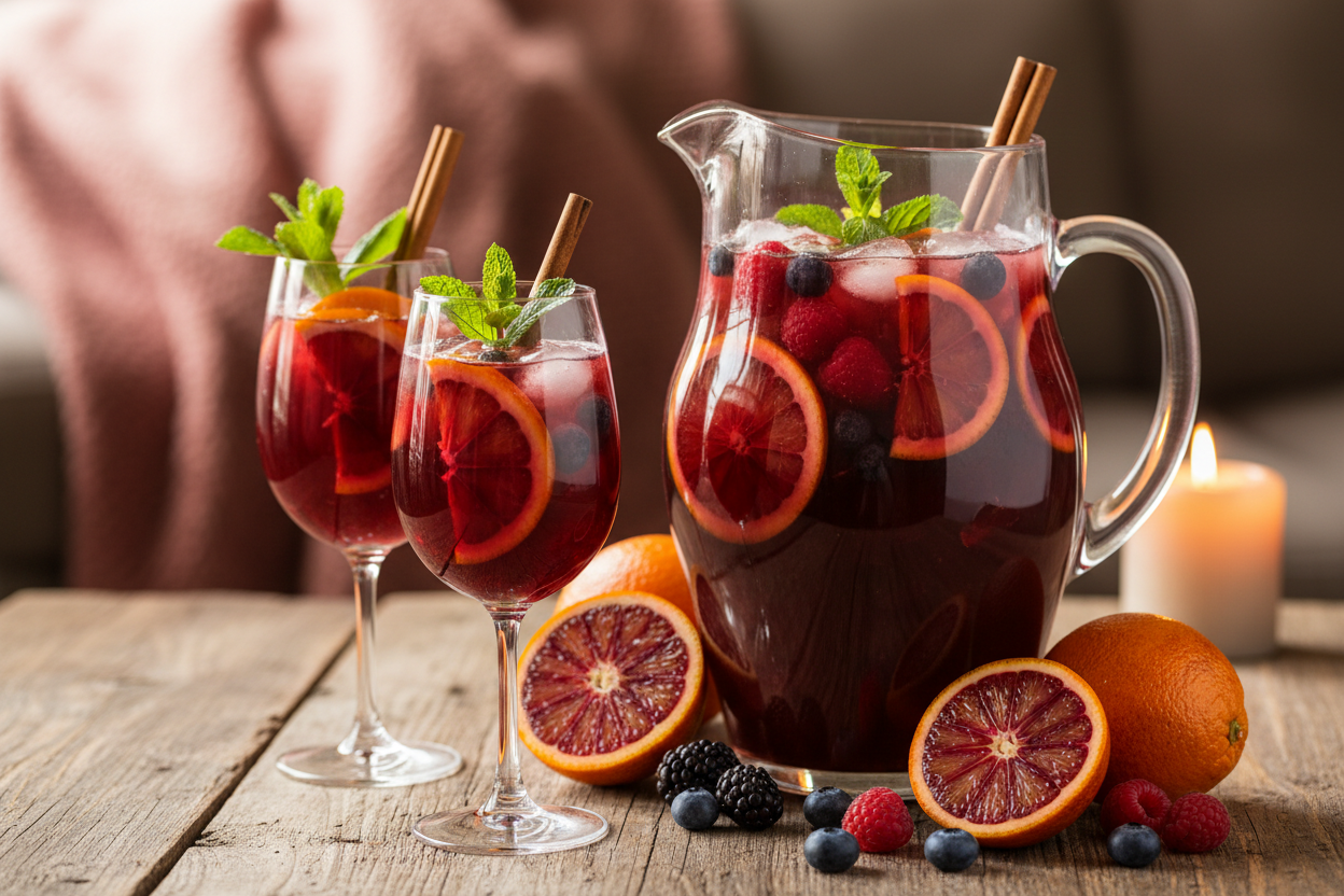 Sangria alle arance rosse di Sicilia per San Valentino - Cocktail romantico con arance Tarocco fresche, frutti di bosco e spezie in caraffa di vetro