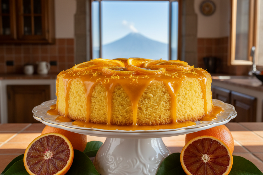  torta all'arancia dorata e soffice su un alzatina elegante, con glassa lucida che cola sui lati, arance Tarocco fresche con la loro caratteristica polpa rossa disposte intorno, fettine candite come decorazione e scorza grattugiata